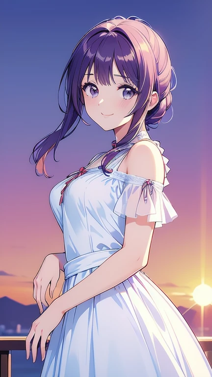 ((masterpiece, Highest quality, Highest quality, Official Art, beautifully、beautiful:1.2)),((masterpiece)),((Vibrant colors)),((Ayako Katagiri)),((幸せそうなsmile)),((smile)),((looks fun)),(White dress),(((Side bust))),(sunset),(Shoulders exposed),(See-through)