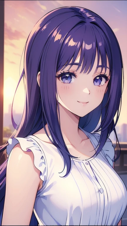 ((masterpiece, Highest quality, Highest quality, Official Art, beautifully、beautiful:1.2)),((masterpiece)),((Vibrant colors)),((Ayako Katagiri)),((幸せそうなsmile)),((smile)),((looks fun)),(one piece),(((Side bust))),(sunset)
