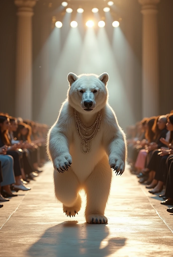 A beautiful white bear wearing beautifull cloths  walking down the runaway at a fashion show,
