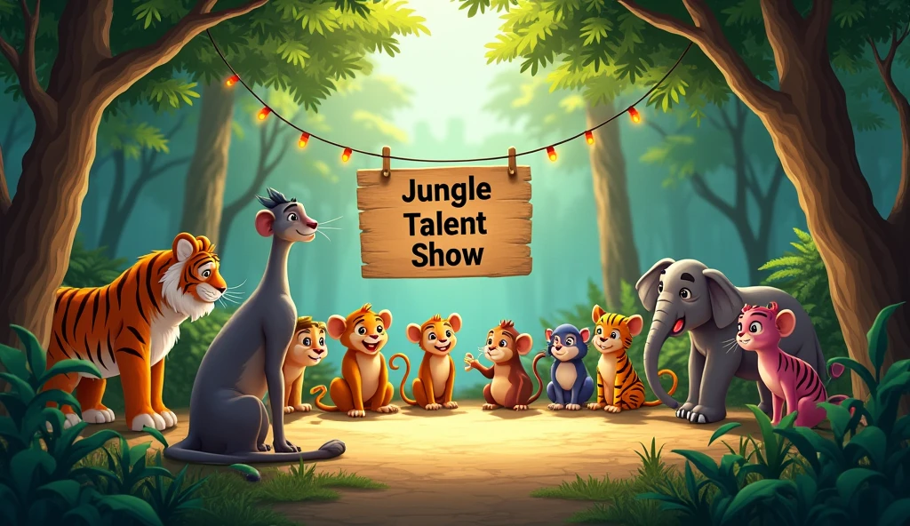 A stage in the middle of the jungle with animals eagerly waiting. There is a sign that says "Jungle Talent Show" hanging between two trees. The animals are gathered around, ready to watch the performances.