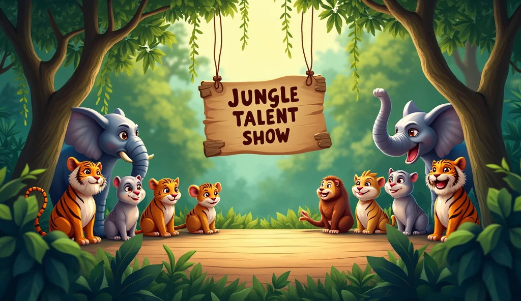 A stage in the middle of the jungle with animals eagerly waiting. There is a sign that says "Jungle Talent Show" hanging between two trees. The animals are gathered around, ready to watch the performances.