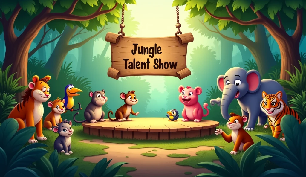 A stage in the middle of the jungle with animals eagerly waiting. There is a sign that says "Jungle Talent Show" hanging between two trees. The animals are gathered around, ready to watch the performances.
