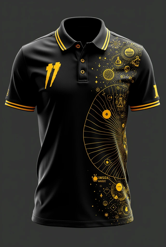 Given the black and golden yellow color scheme, here’s how you can design the polo shirt:Front Design:Left Chest Area: A golden yellow atom or DNA strand, with fine detailing. The minimalist logo would stand out in golden yellow against the black background.Back Design:Centerpiece: A dynamic design in golden yellow featuring interconnected scientific symbols like a swirling galaxy, chemical flasks, and mathematical formulas. These could radiate from a central point, giving a sense of motion and energy.Text: Below the design, you could add a phrase like “Science Unites Us” or “Exploring Infinity” in a bold, modern font, also in golden yellow.Collar and Sleeve Details:Collar: A thin stripe of golden yellow around the collar.Sleeves: A similar golden yellow stripe around the sleeve edges, tying the design together.
