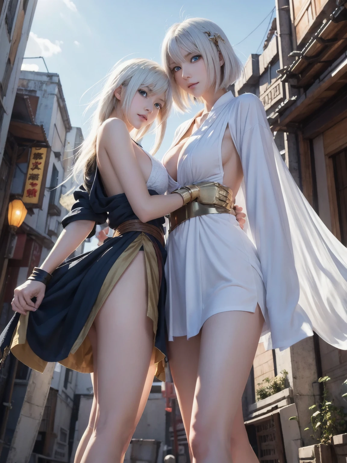 (masterpiece, best quality),2girls,Walking through a sci-fi city filled with feasts and debauchery. A Cute girl with waist-length white hair and golden eyes,detailed eyes,Leading a beautiful woman with medium length hair.,blue eyes,small breasts,The shadows of a white dragon and a phoenix behind them. Close-up perspective. Concept art Makoto Shinkai,Makoto Shinkai, I love the concept art, Loss transformer. Landscape Background,