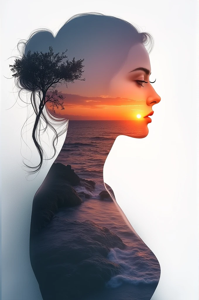 high quality, 8K Ultra HD, A beautiful double exposure that combines an goddess silhouette with sunset coast, sunset coast should serve as the underlying backdrop, with its details incorporated into the goddess , crisp lines, The background is monochrome, sharp focus, double exposure, by yukisakura, awesome full color,