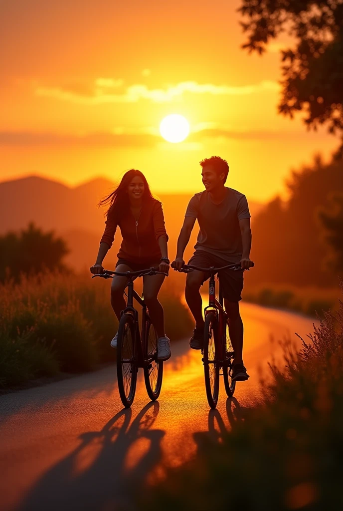 professional photography, Summer sunset, Shadow of a boy riding a bicycle with his girlfriend sitting behind him, He was going down a long hill slowly, using his hand to brake.. Both of their smiling faces, Too realistic, movie theater lighting