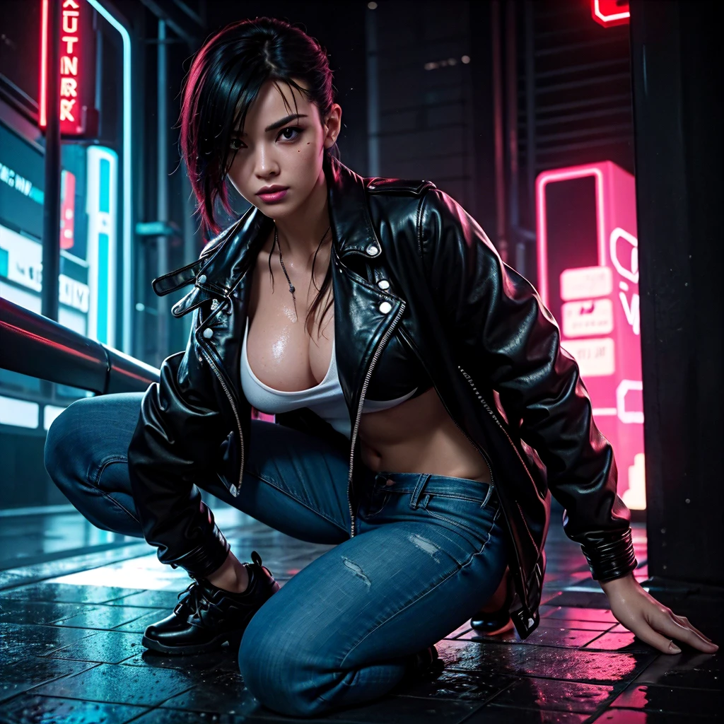 futuristic cityscape, neon lights, cybernetic enhancements, leather jacket, , sitio lluvioso, chica all wet, mojada, Pelo corto muy desordenado, color rojo, , slippery, cyberpunk, , jeans short
