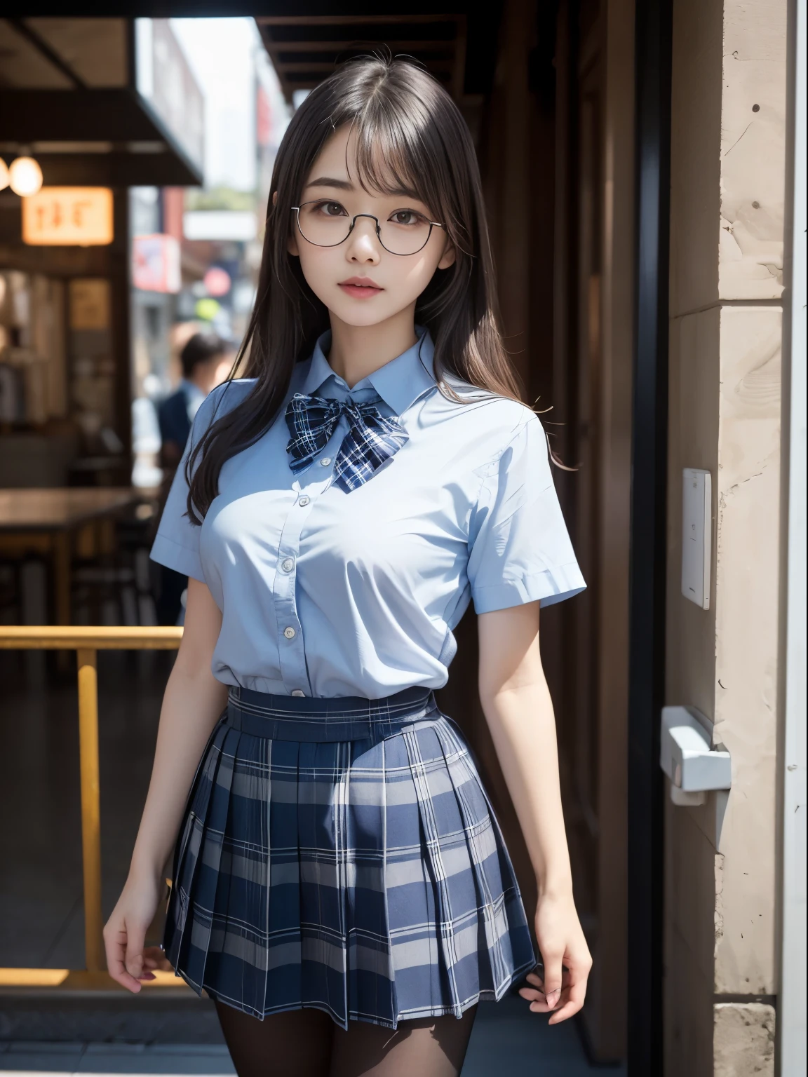(8k、生photograph、 Highest quality、masterpiece:1.2)、(Small eyes)、((Black Pantyhose))、((Small breasts)、(Small breasts)、(Small breasts)、(Cutting board)、(Half an eye))、((Sleepy eyes))、((Squint your eyes))、(Round Glasses)、Droopy eyes、One person、cute、JK、high school girl、Japanese women、(Are standing)、(PhotoReactive:1.37)、Photon Mapping、Real、(Very delicate face)、round face、cute小さな顔、Brown eyes、(Red bow tie)、Radio City、Physically Based Rendering、Prospect、Character boundary depth、Blurred Background、photograph、、body、Beautiful feet、Long legs、Thin legs、(前hairが見える)、hair、lips、Blue_The目、Soft Nose、(Light blue shirt)、(Navy, blue and white plaid pleated skirt)、High school uniforms、See-through clothing、Thighs、black cotton socks、Nogizaka Idol、Japanese Idol