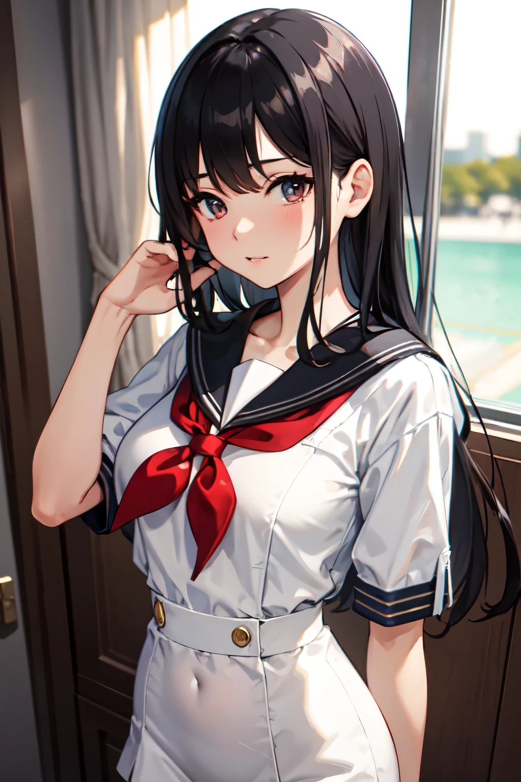 8k,Highest quality,masterpiece, Sharp focus,high school girl,,Black Hair,Lewd,Sailor suit,