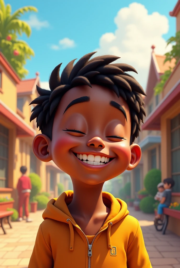 A Disney-Pixar style, a smiling12 year-old boy, eyes closed dark-skinned, eyes close