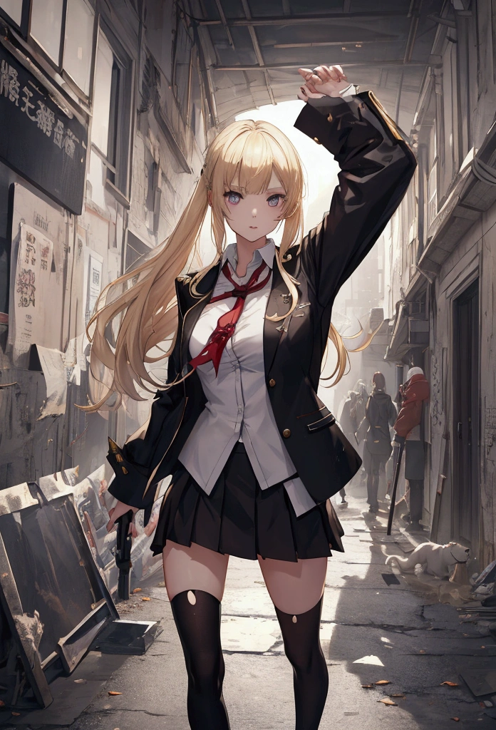 a blonde woman in a torn school uniform and black jacket with a white puppy, running in front of a giant zombie type, guweiz style artwork, epic light novel art cover, trend on artstation pixiv, Guweiz and Pixiv Artstation, guweiz, epic anime artwork, Guweiz and Artstation Pixiv, epic light novel cover, By Akihiko Yoshida