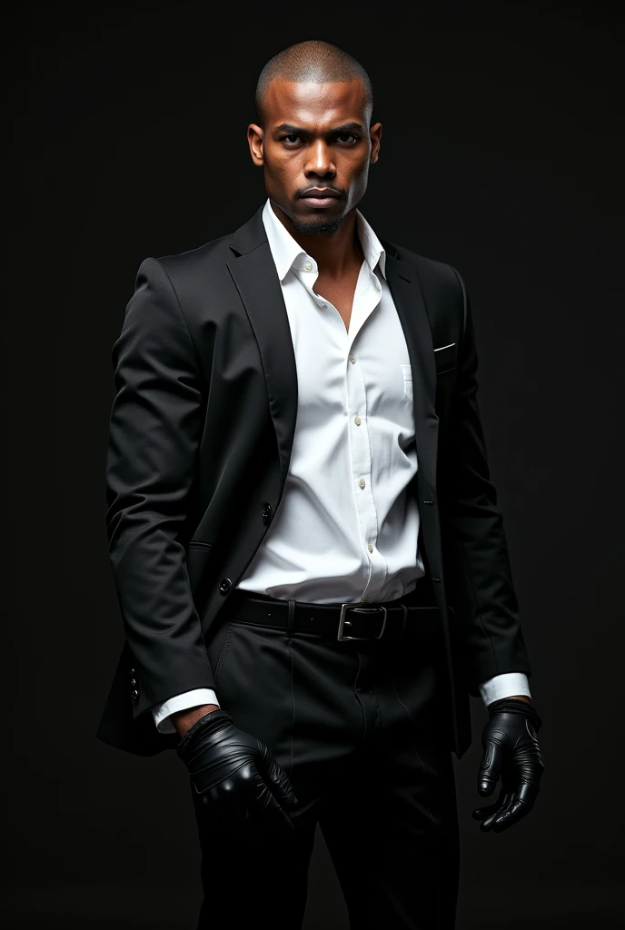 Dark-skinned Latin American Costa Rican person with a black jacket, black gloves, white shirt and black pants, buzz cut hairstyle