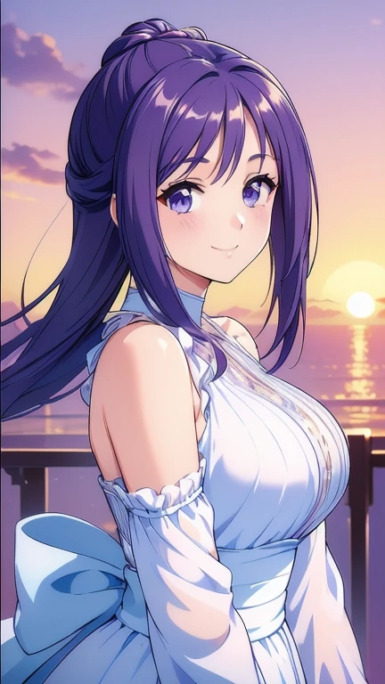 ((masterpiece, Highest quality, Highest quality, Official Art, beautifully、beautiful:1.2)),((masterpiece)),((Vibrant colors)),((Ayako Katagiri)),((幸せそうなsmile)),((smile)),((looks fun)),(White dress),(((Side bust))),(sunset),(Shoulders exposed),(See-through)
