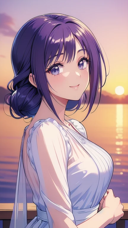 ((masterpiece, Highest quality, Highest quality, Official Art, beautifully、beautiful:1.2)),((masterpiece)),((Vibrant colors)),((Ayako Katagiri)),((幸せそうなsmile)),((smile)),((looks fun)),(White dress),(((Side bust))),(sunset),(Shoulders exposed),(See-through)