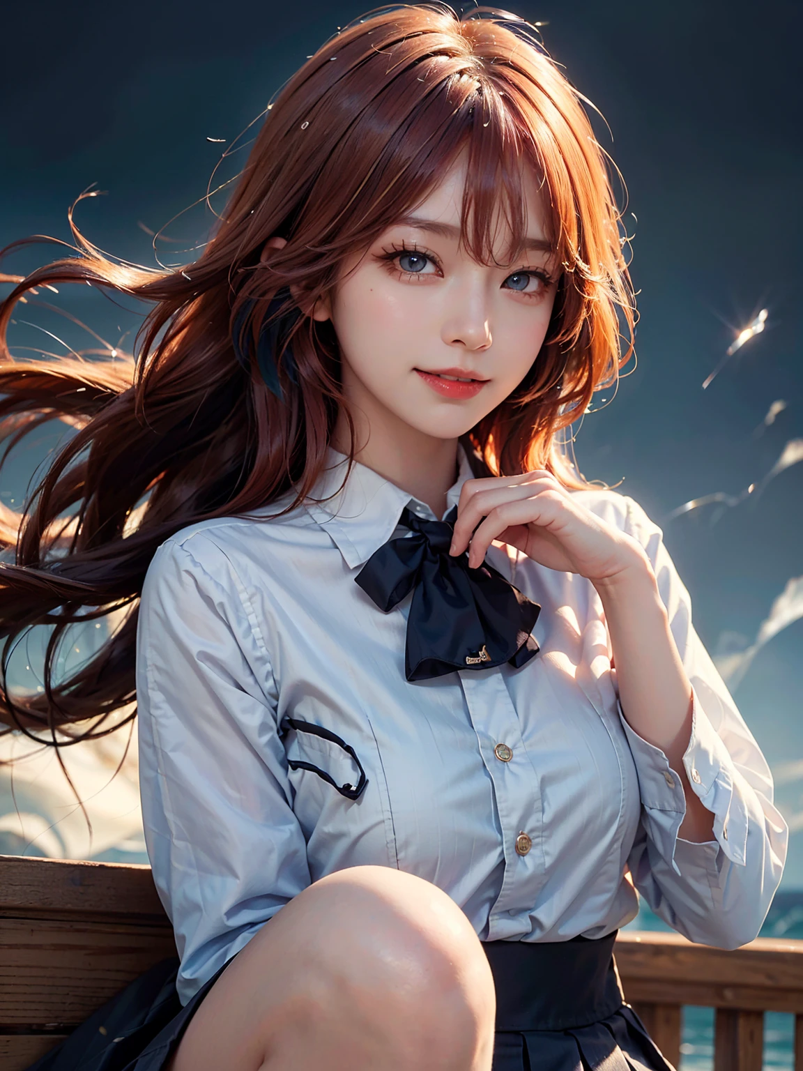 (8k, RAW photo, best quality, masterpiece: 1.2), (realistic, photo-realistic: 1.37), ultra-detailed, 1 girl, cute, solo, beautiful detailed sky, detailed coffee, night, sitting, (flushed nose), (smile: 1.1), (mouth closed), perfect breasts, beautiful detailed eyes, (collared shirt: 1.1), bow tie, pleated skirt, (long hair: 1.2), extremely long hair, (long bangs:1.5), detailed iris, sparkle eyes, star in eyes, enchanting yellow eyes, (multicolored eyes), (light red hair:1.3), (floating hair:1.3), (hair between eyes:1.4), (hair over one eye:1.5), (floating hair:1.3)