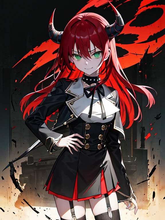 ((top-quality)), ((masterpiece)), ((ultra-detailliert)), (extremely delicate and beautiful),(((Dramatic)))、(((gritty)))、(((vehement)))Movie poster featuring a young woman as the main character。hair between eyes, long hair, one side up, red hair、Magazine Art、She wears stylish and edgy clothes、Stand confidently in the center of the poster。Dressed in costume、The background is dark and gritty.、Feeling danger and intensity。The color palette is predominantly bright、studded with saturated bright colors.、It gives the poster a dynamic and visually striking look。a miniskirt、Uniforms、Black Choker, black horns, evil smile, green eyes, full body