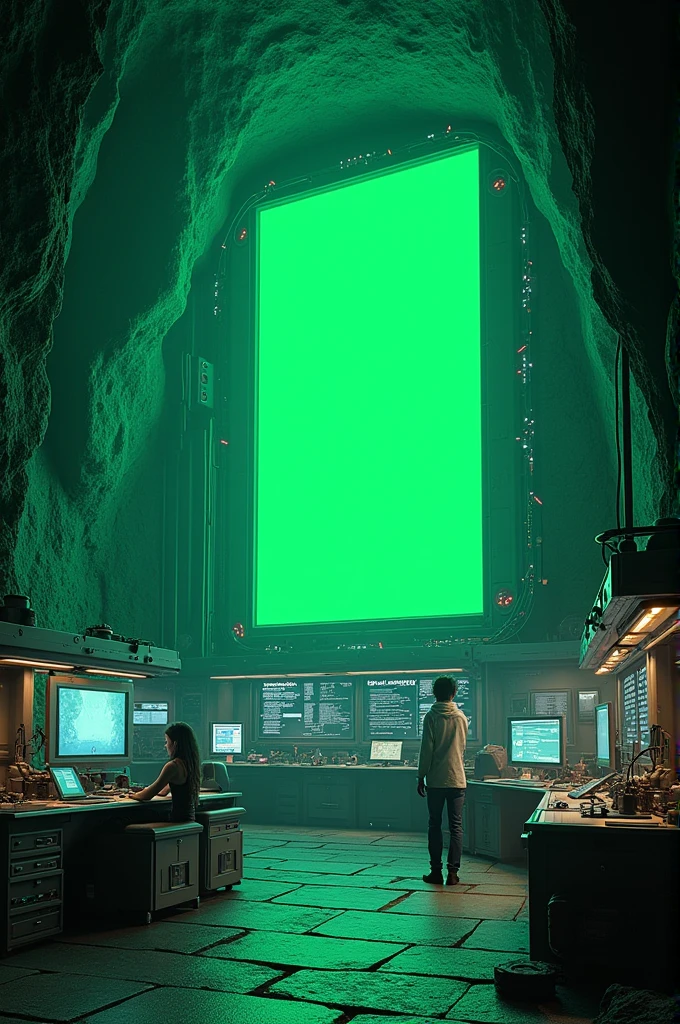 Hight tec machinary in a cave an high tec computers and a big green screen with 3D motion