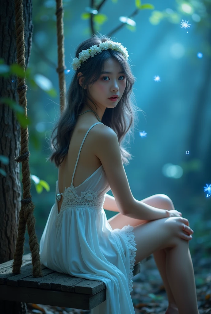 (wide shot, whole body shot), A beautiful korean girl, 20 years old, kpop style, ash grey long wavy hair, white flower headband, blue eyes, sexy body, long legs, wide thigh gap, silver titanium necklace with heart liontin, sitting back view lift the leg on rotten wood swing inside a quiet mystical illuminated fantasy forest, ((hugging own knees:1.3)), glowing blue leafs shing the atmosphere, Lots of bright fireflies flying around above the forest, backlighting, holding swing's ropes that has creeping leaves on it. looking through shoulder, Bare feet, She's wearing transparent white spaghetti strap silky low cut mini night dress, slightly lace dress, cleavage, beautiful butt, ((twisting dress, lifting up high your own dress:1.4)), the dress is just below of her pussy, spreading legs, M-legs, ((open wide legs, spreading legs:1.4)),(((from below, low angle shot:1.4))), beautiful lighting, cinematic, (whole body), (((bright skin:1.4))), ((cinematic lighting:1.3)), bright front studio lighting