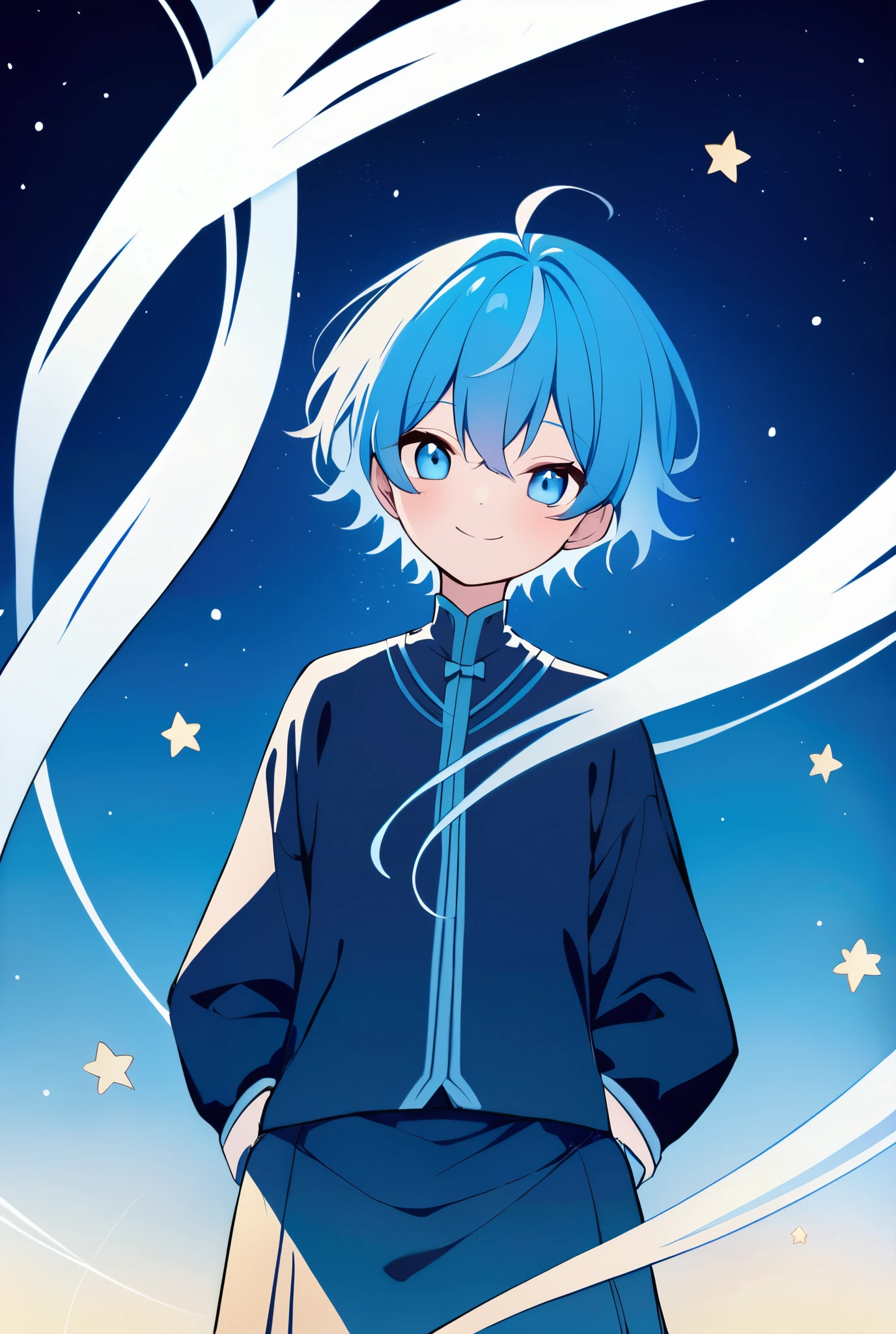 Mushroom hair in navy blue、Hair like a starry sky。The tips of the hair are a light blue color、It is a gradation。Smiling boy。