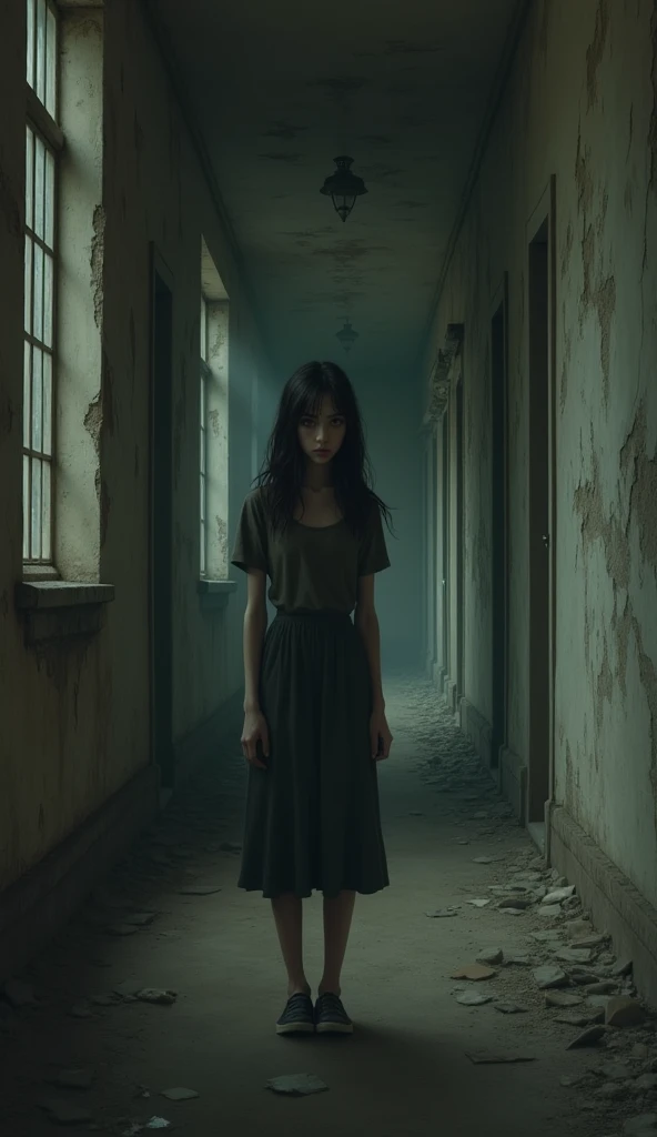 Depressed girl、Long black hair、Small Nose、Skinny body、Brown eyes、Thin lips、Real、Corridor of a dilapidated Western-style building、dark