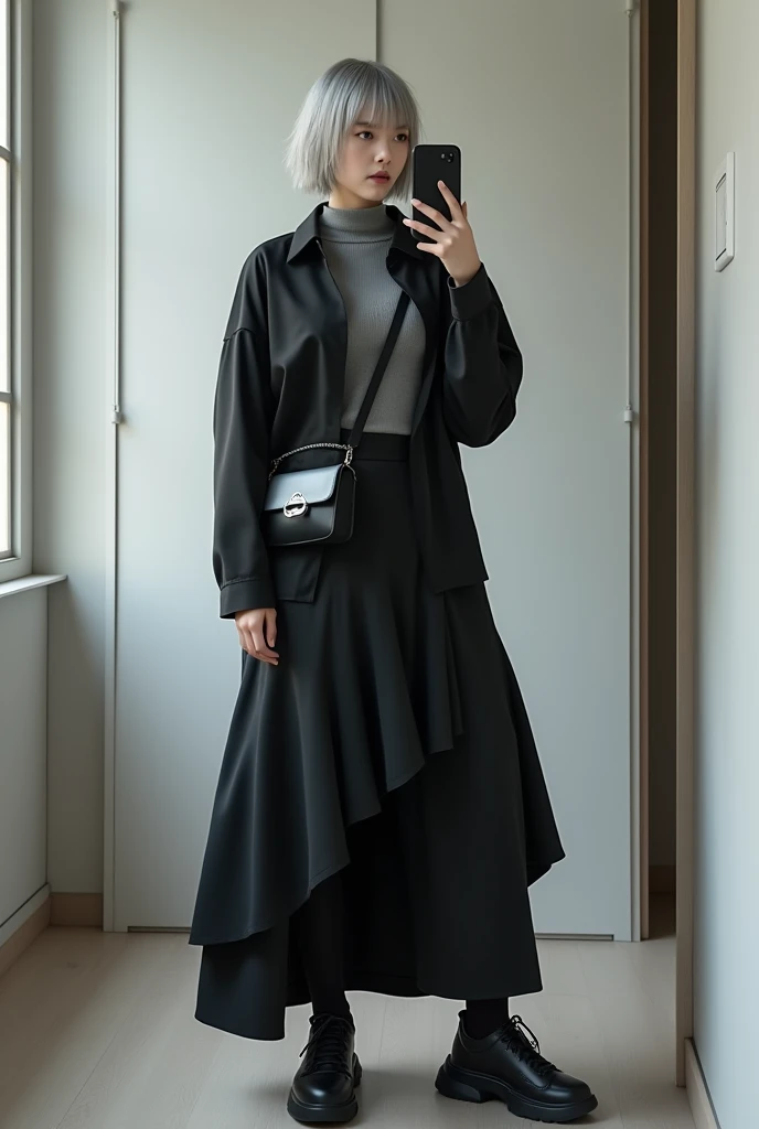 highly detailed, beautiful, hyper Realistic girl, masterpiece, best quality, Japanese sexy gravure woman, 28 years old, identity hidden, takes a selfie in her room using a smartphone in front of a mirror with one hand, fashion model Posing, looking away from the camera, /// gray short hair, light color eyes, Realistic skin, Detailed face, /// black-themed, futuristic-inspired fall outfit, black asymmetrical sleek big shirt with collar, form-fitting turtleneck in a soft gray fabric. Combine this with high-waisted black layered maxi patchwork skirt made from a modern silhouette, Footwear should include black, futuristic sneakers with Thick soles. Accessories might involve a slim, a minimalist silver crossbody bag. The overall look should blend modern functionality with futuristic elements, offering a fresh, forward-thinking take on autumn fashion, /// Monotone simple modern taste single room, mirror, complicated background