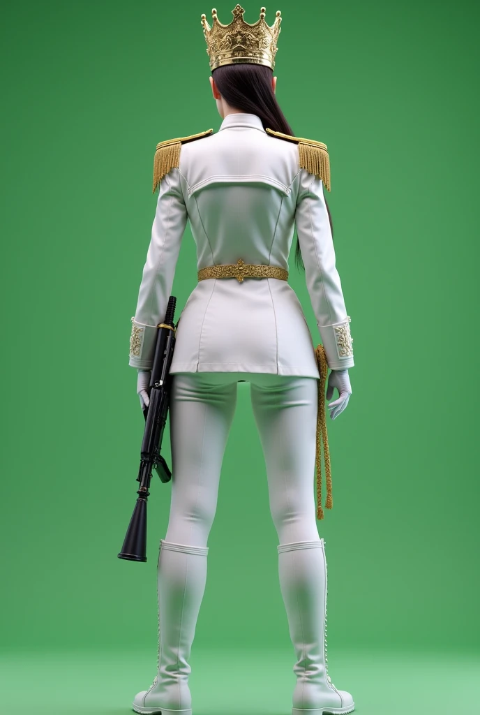  Rear viewed, full viewed female, A white uniforms military governor general standing with holding on big gun. Queen's crown on head and dress. Plain full green screen background