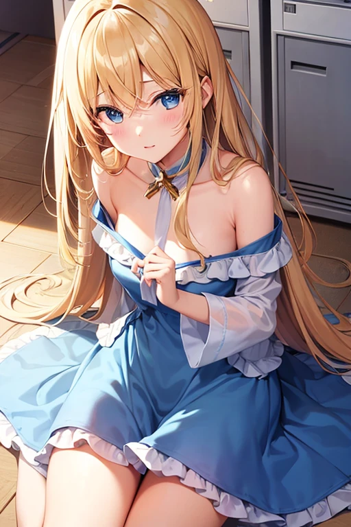 Golden long straight hair、Light blue dress、woman、blue eyes、Inside the locker room