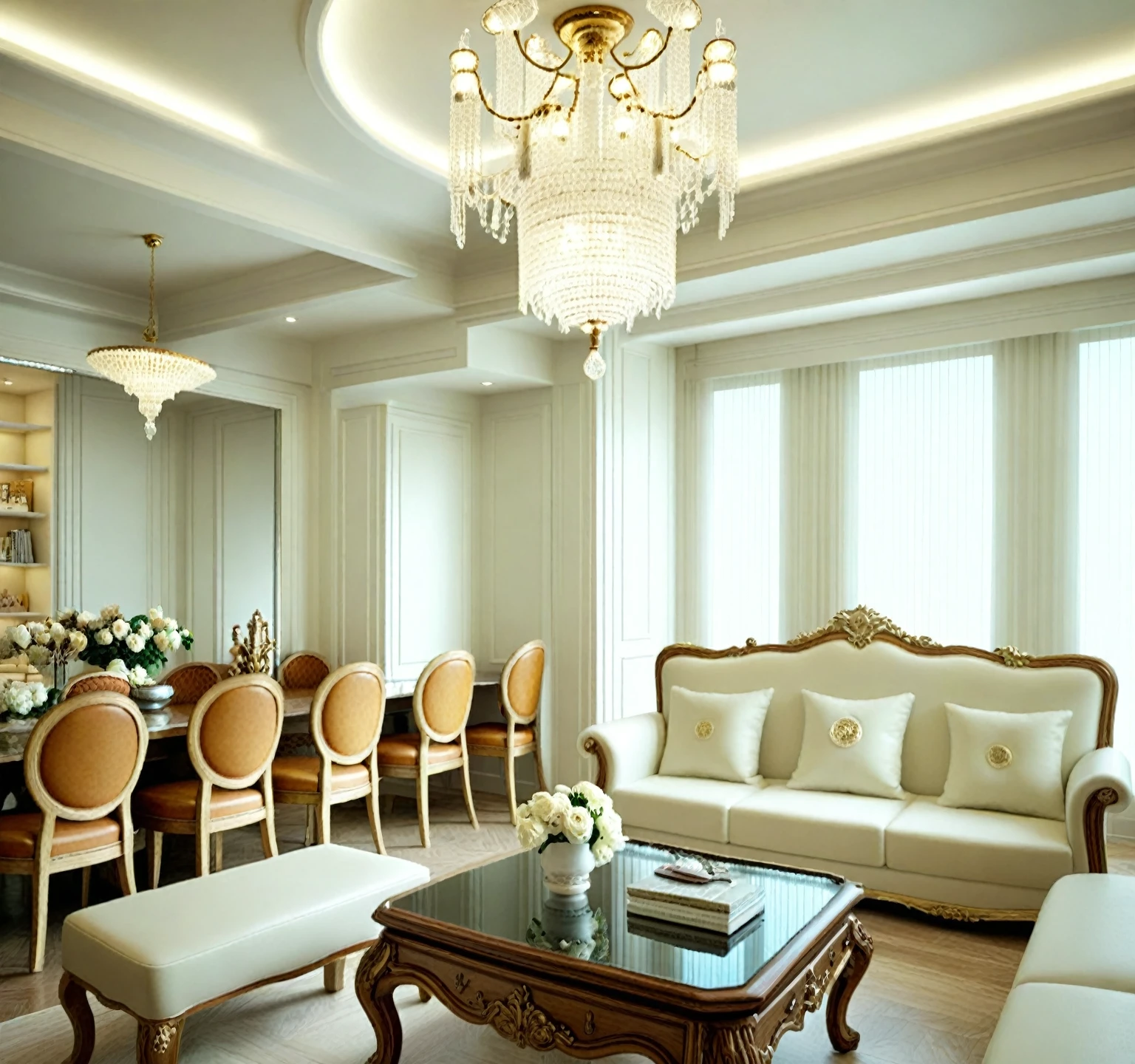 RAW photo, masterpiece, a view of a ( BEDroom :1.3) with a couch, chairs, and a chandelier, highly detailed interior, neo - classical style, neoclassical style, neoclassicism style, interior architect architectural visualization, neoclassical style, in style of classicism, white light sun, rendered in vray, rendered in v-ray, rendered in unreal engine 3d, (photorealistic:1.2), (photorealistic:1.5), best quality, ultra high res, architechture, (leather sofa detail:1.5), neoclassic house, (detailed railing neoclassic:1.5), luxury neoclassical villa, (mable floor details:1.5), (detailed neoclassical carpet:1.5), in the style of neoclassical scene, glass windows, best quality, (Intricate lines:1.5), ((Photorealism:1.5)),(((hyper detail:1.5))), archdaily, award winning design, (dynamic light:1.3), (day light:1.2), (perfect light:1.3), (shimering light :1.4), refection glass windows, (curved line architecture arch:1.2), photorealistic, FKAA, TXAA, RTX, SSAO, Post Processing, Post-Production, CGI, VFX, SFX, Full color,((Unreal Engine 5)), Canon EOS R5 Camera + Lens RF 45MP full-frame CMOS sensor, HDR, Realistic, Cinematic intricate detail, extreme detail, science, hyper-detail, FKAA, super detail, super realistic, crazy detail, intricate detail, nice color grading, reflected light on glass, eye-catching wall lights, unreal engine 5, octane render, cinematic, trending on artstation, High-fidelity, Viwvid, Crisp, Sharp, Bright, Stunning, ((Lifelike)), Natural, ((Eye-catching)), Illuminating, Flawless, High-quality,Sharp edge rendering, medium soft lighting, photographic render, detailed archviz, ((( Pachyloba, Doussie, Afzelia wooden : 1.7 ))),((( organe wooden : 2.5 )))