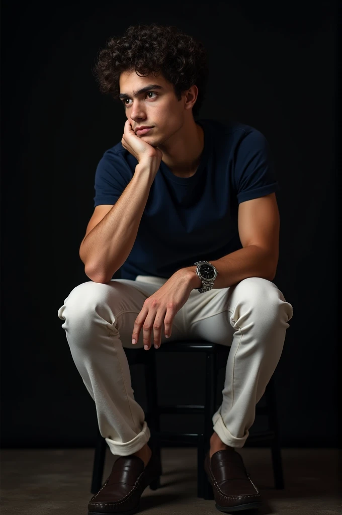 A  boy with gym body and black curly hair and navy blue shirt foulden and white long trousers and old chain watch on it and dark brown loafers sitting on black stool and black background on it 