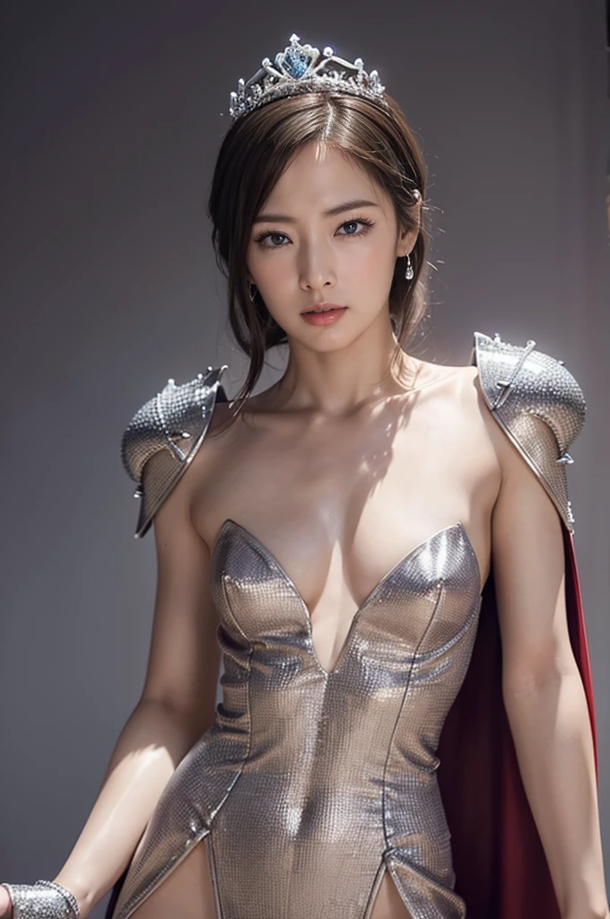 " Figure, Naked、Full body like、woman swordsman、Small silver tiara, The upper body is knight's armor、The lower part of the body is bare、Thigh Armor、Panties with only strings、genitals protruding、cammel toe、Cape, Perfect breasts, Exposed , the perfect body, Dark pubic hair、battle field, (Best Quality, 4K, 8K, High resolution, masutepiece:1.2), Ultra-detailed, (Realistic, Photorealistic, Photorealsitic:1.37), royal, Captivating, (Vibrant colors, sharp chest:1.1), Soft lighting"、Dark pubic hair、open one's legs, iron bustier.