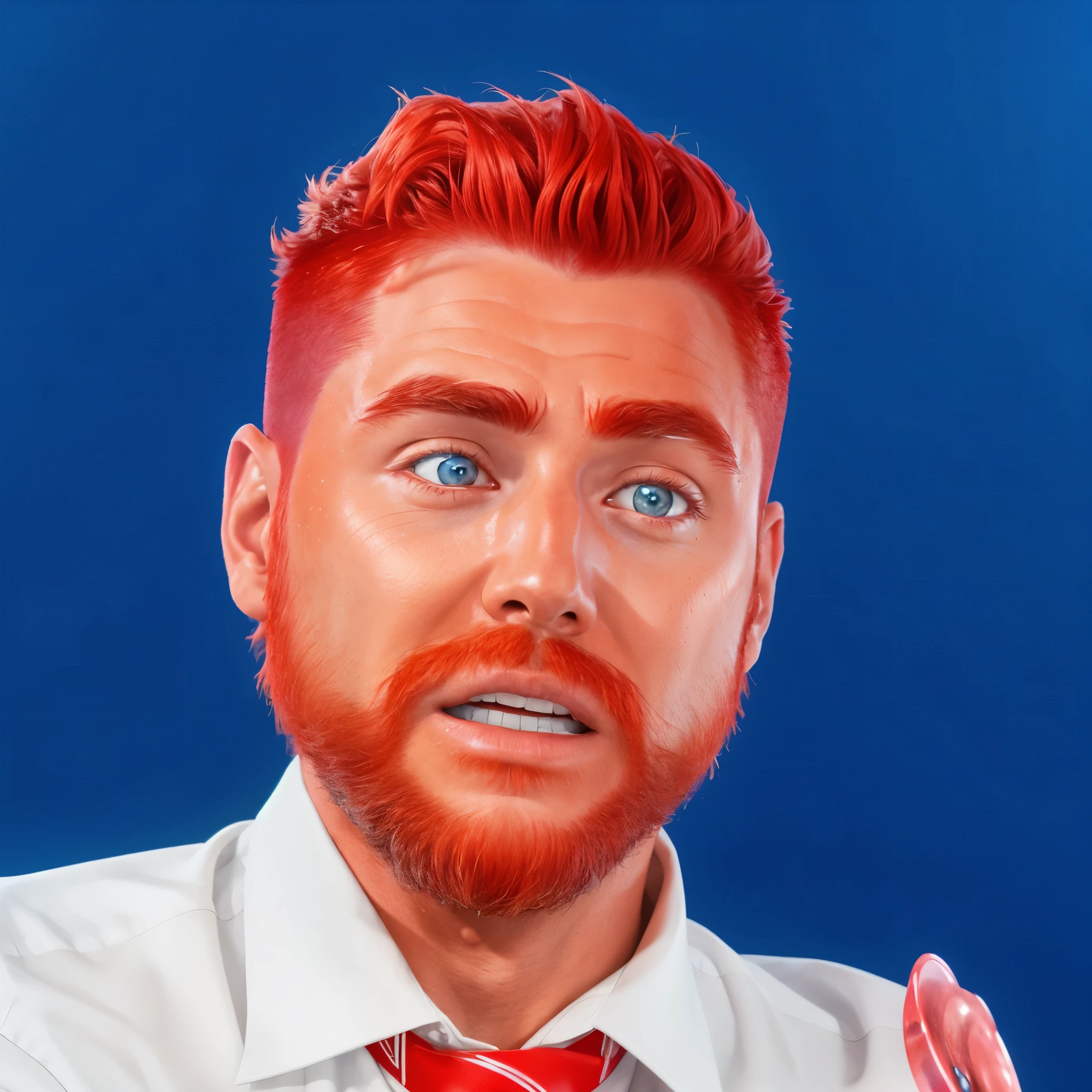 handsome man in white shirt, there is a man with red hair, muscle face, absolute chad, volumed hairstyle, cute male with high volume red haircut, masterpiece retouch, healthy saturated skintone, intricate hair details, raytracing render, cycles, plastic material, glossy, masterpiece render, unreal engine, 8k render, best quality, 4k,realistic, vivid colors, dark blue background