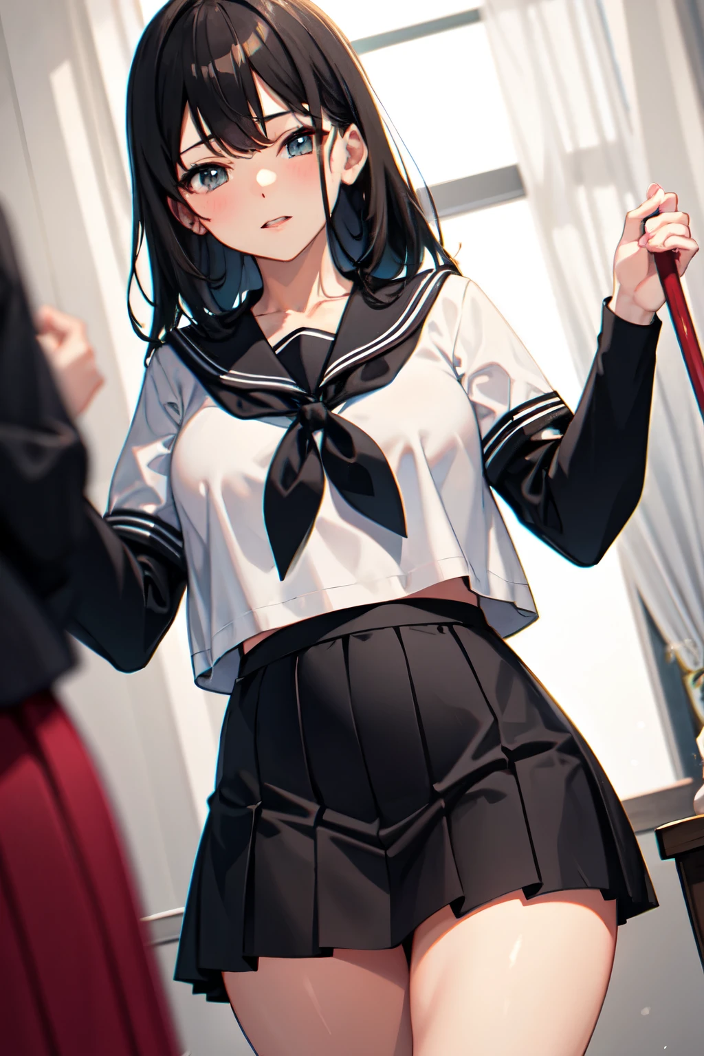 8k,Highest quality,masterpiece, Sharp focus,high school girl,,Black Hair,Lewd,Sailor suit,