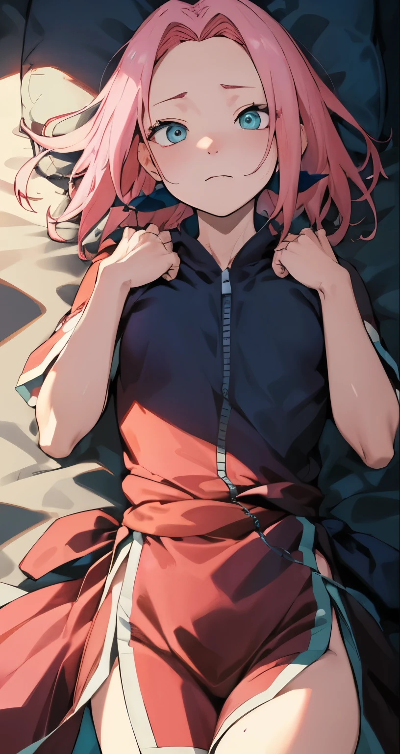 { masterpiece : best quality : high resolution : unity 8k wallpaper : illustration : beautiful detailed eyes : extremely detailed face : perfect lighting : extremely detailed CG : perfect hands : perfect anatomy } { in a creepy dark bedroom : messy : dark environment } { Haruno_Sakura : perfectly_small_shape_breast : : pink_hair : forehead : con :perfectly fit body : Sakura_Outfit : expressionless : blank Expression : blank dead eyes : motionless } { lying_down : on the bed : dead }