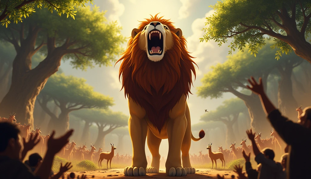 A powerful lion named Leo standing proudly on the stage, roaring with his mouth wide open. The surrounding trees are slightly shaking, and the other animals are clapping and cheering in the background.