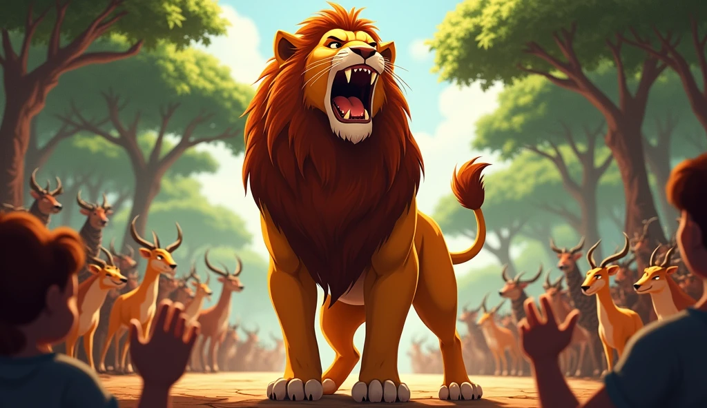 A powerful lion named Leo standing proudly on the stage, roaring with his mouth wide open. The surrounding trees are slightly shaking, and the other animals are clapping and cheering in the background.