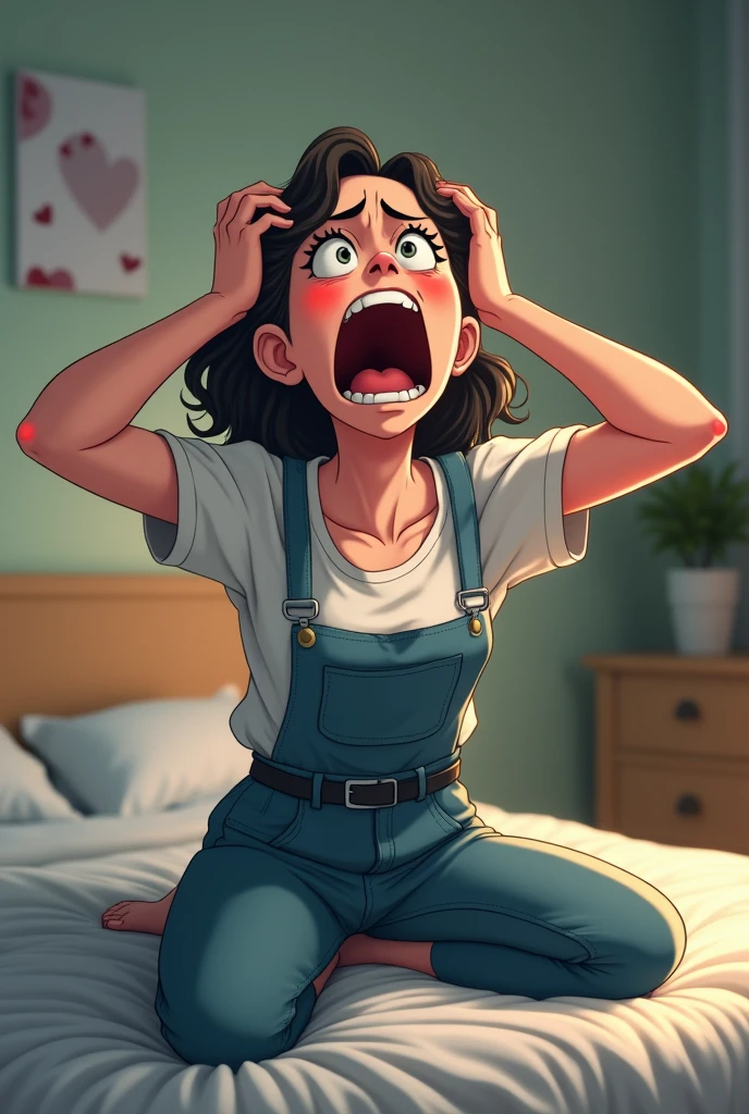 working woman is sit straight on bed, in everyday wear,
she is turn body and look up at ceiling, (open mouth wide), upper jaw, upward glance, contract eyes,
(put both hands on head), face of intense regret,
screaming with blush face, upset, impatience, regret, pale, despair,
she is so embarrassed that she wants to die,
on bed, in her room, from below,
masterpiece, best quality, extremely detailed, ((parody anime), (deformed character)),
crisp image, sharp image, clear image, vivid image,
highly detailed background,