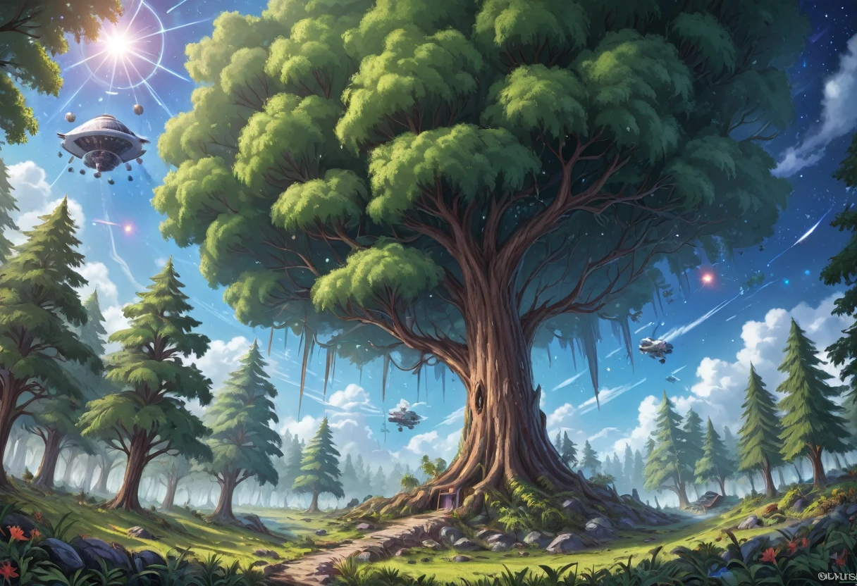 a lush forest of tall trees, an Ewok village nestled among the branches, a twilight sky with the Death Star exploding in the distance, a fleet of spaceships engaged in a fierce battle, Ewoks looking up to the sky and cheering, a serene and joyful scene
