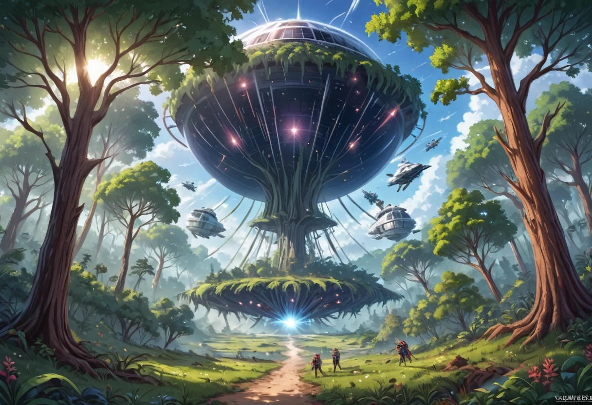 a lush forest of tall trees, an Ewok village nestled among the branches, a twilight sky with the Death Star exploding in the distance, a fleet of spaceships engaged in a fierce battle, Ewoks looking up to the sky and cheering, a serene and joyful scene
