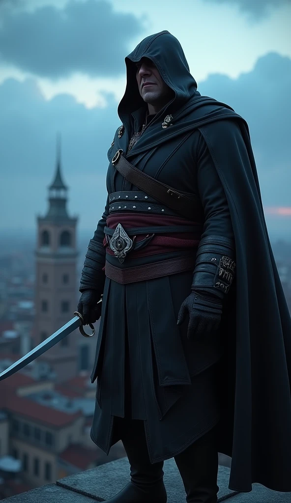 Gru, as Ezio Auditore, perches on a high rooftop, his dark Assassin’s robes flowing dramatically in the wind. His usually stern expression is softened by a hint of contemplation as he surveys the city below. The dimming sky casts a serene, blue light, emphasizing the contrast between his pale skin and the deep shadows of his hood. The hidden blade is poised but relaxed in his gloved hand, reflecting his uneasy blend of authority and vulnerability. The scene captures a striking fusion of Gru's commanding presence with Ezio's enigmatic grace, evoking a deep sense of responsibility and introspection.
