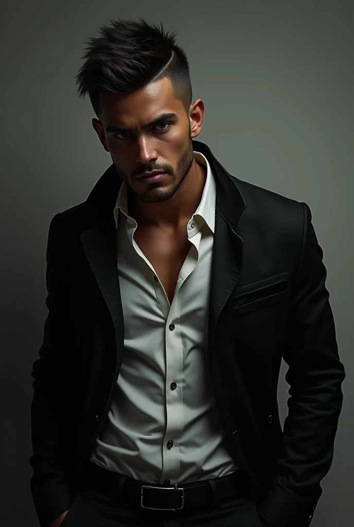 Dark-skinned Latin America man 20 years old with a black jacket, black gloves, white shirt and black pants, buzz cut hairstyle