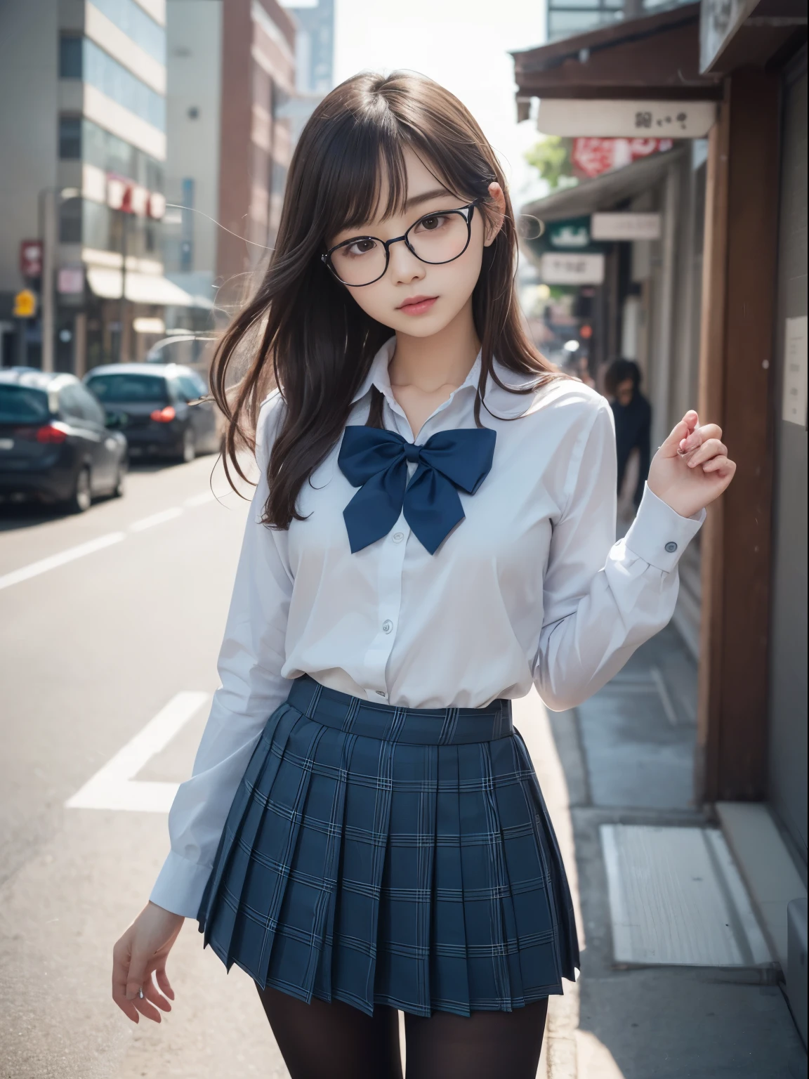 (8k、生photograph、 Highest quality、masterpiece:1.2)、(Small eyes)、((Black Pantyhose))、((Small breasts)、(Small breasts)、(Small breasts)、(Cutting board)、(Half an eye))、((Sleepy eyes))、((Squint your eyes))、(Round Glasses)、Droopy eyes、One person、cute、JK、high school girl、Japanese women、(Are standing)、(PhotoReactive:1.37)、Photon Mapping、Real、(Very delicate face)、round face、cute小さな顔、Brown eyes、(Red bow tie)、Radio City、Physically Based Rendering、Prospect、Character boundary depth、Blurred Background、photograph、、body、Beautiful feet、Long legs、Thin legs、(前hairが見える)、hair、lips、Blue_The目、Soft Nose、(Light blue shirt)、(Navy, blue and white plaid pleated skirt)、High school uniforms、See-through clothing、Thighs、black cotton socks、Nogizaka Idol、Japanese Idol