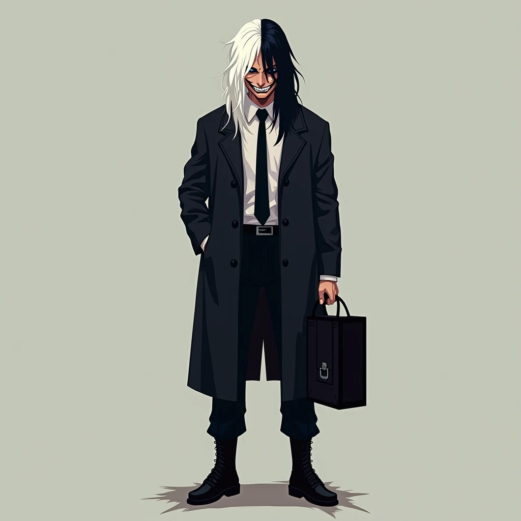 (masterpiece, top quality, best quality), pixel,pixel art,1man in a black straight jacket,long hair covering eyes, grinning, handsome,white and black hair,black boots, wearing a neck tie, holding a briefcase 