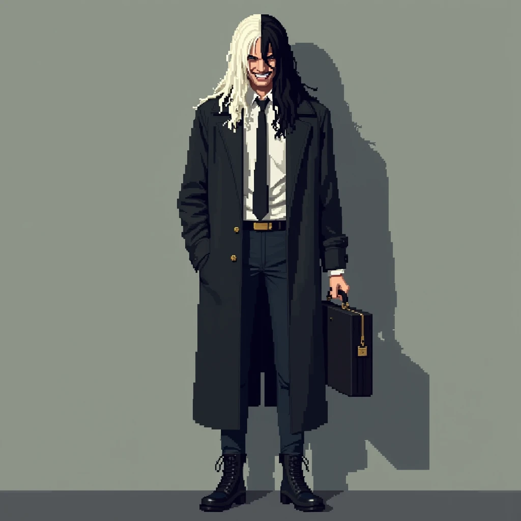 (masterpiece, top quality, best quality), pixel,pixel art,1man in a black straight jacket,long hair covering eyes, grinning, handsome,white and black hair,black boots, wearing a neck tie, holding a briefcase