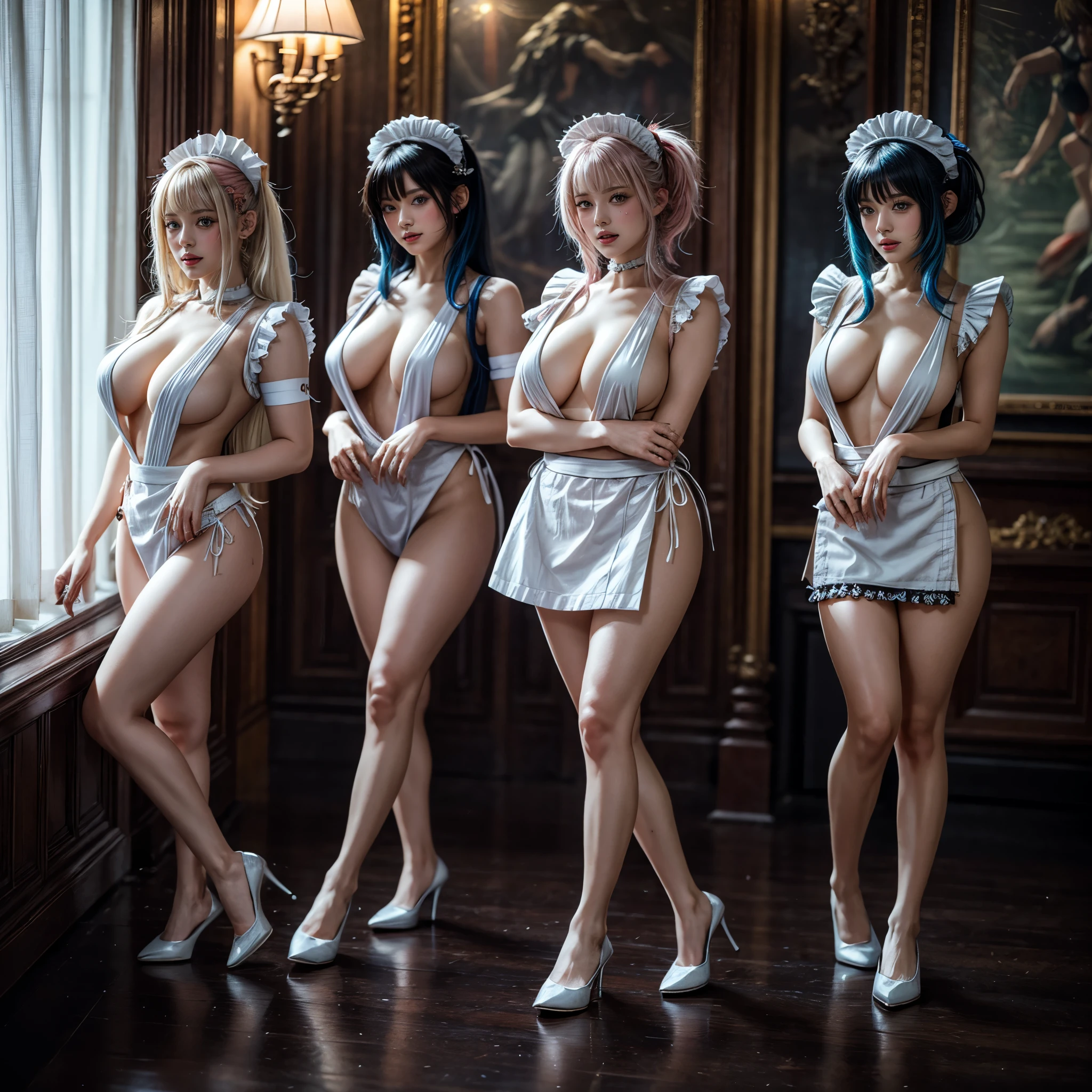 (Full Body of Extremely Detailed((Sexy Maid Group in a row:1.37))), KAWAII perfect face, Reflective Eyes, Detailed(Delicate Clothing textures), Correct Leg Line, Dynamic Joyful Expressions LifeLike Rendering, Specular Reflection, TopQuality 8K Ultra-detailed masterpiece (ProfessionalPhoto:1.37), (Acutance:0.8), (Luminism:1.28), (Renaissance art style), Colorful Light particles, ((Full body from side)), {Kissing|Thigh Gap|AssFocus|(NakedApron with Overflowing SideBoob)}, Radiant Fine Skin with Transparency, (Exposed:0.4), (Different types of Anime hair color){Pink Hair|Blue Hair|Platinum Blonde|Pure White Hair|Liquid Hair}, Perfect Lighting