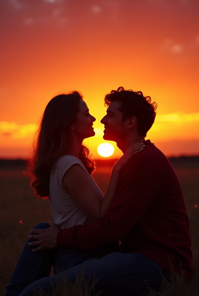 professional photography, Summer sunset, The shadow of a beautiful young woman sitting in the arms of her boyfriend, both of them smiling., Too realistic, movie theater lighting