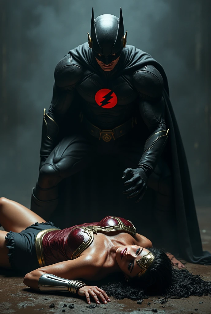 Reverse flash in black costume killing muscular and athletic body Wonder Woman