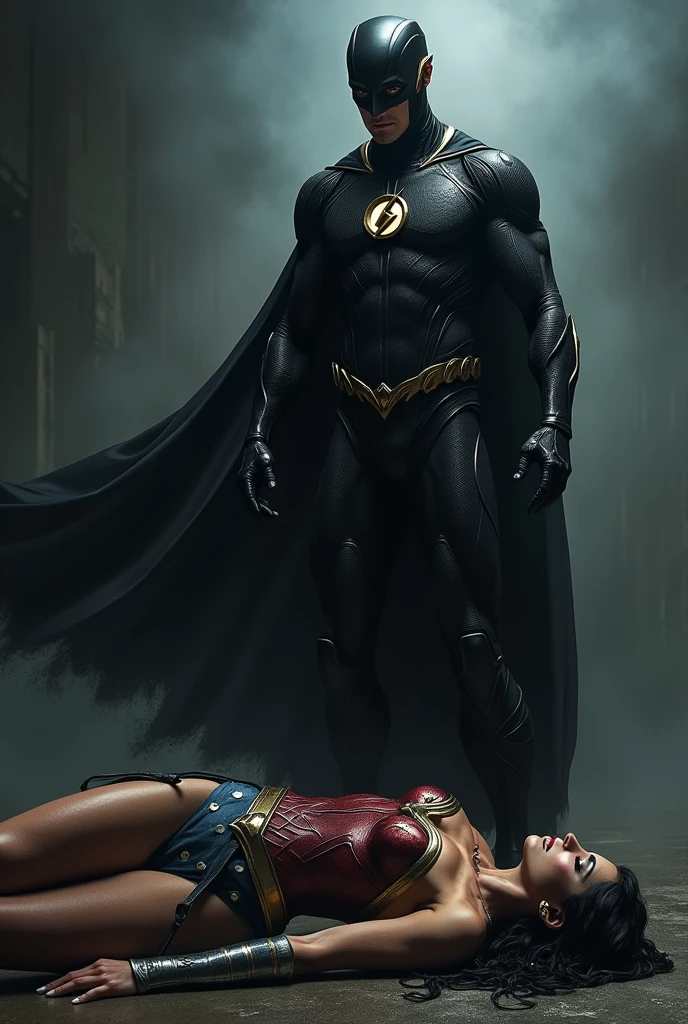 Reverse flash in black costume killing muscular and athletic body Wonder Woman