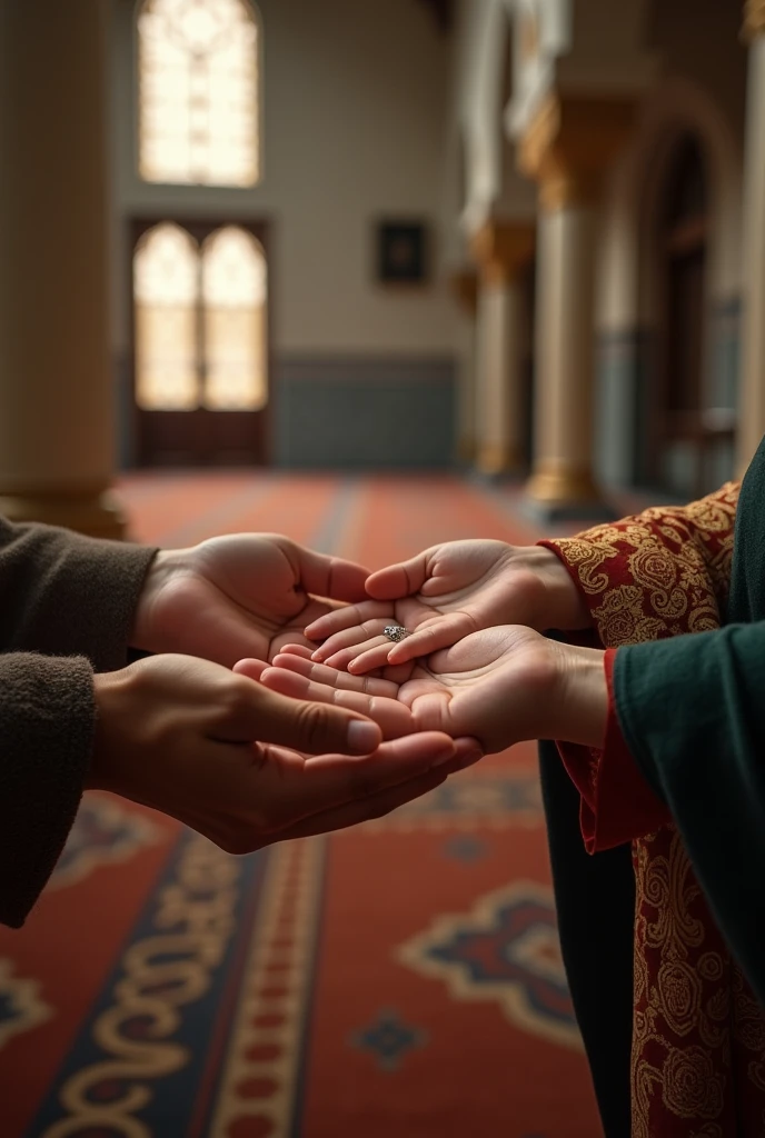 Hands giving money to the poor or charity box in the mosque, symbol of kindness and concern for others.