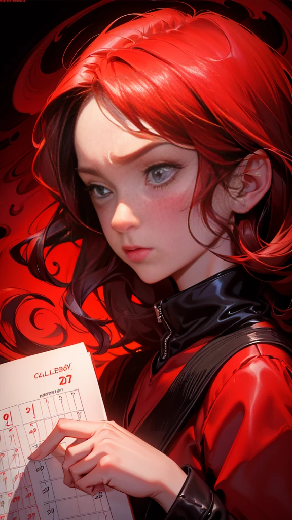 a girl checking a calendar as she is waiting for a payment, daily deviation on deviantart, Exasperation, Raised eyebrows, an exaggerated sigh, and a look of disbelief or annoyance, !!!! very coherent!!!!, jim woodring, by Denis Eden, red color theme