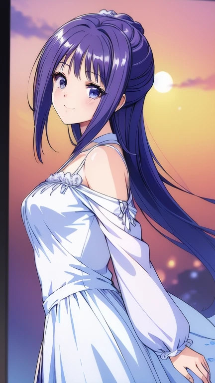 ((masterpiece, Highest quality, Highest quality, Official Art, beautifully、beautiful:1.2)),((masterpiece)),((Vibrant colors)),((Ayako Katagiri)),((幸せそうなsmile)),((smile)),((looks fun)),(White dress),(((Side bust))),(sunset),(Shoulders exposed),(See-through)